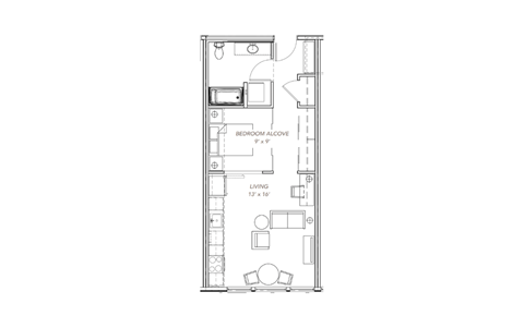 Floor plan for 1 bed, 1 bath, 590 sqft